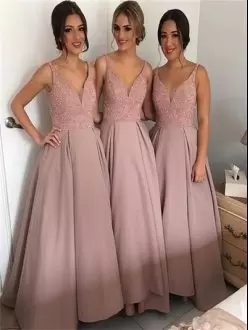 Deluxe Pink Sleeveless Beading Floor Length Wedding Guest Dresses
