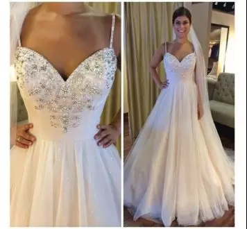 Brush Train A-line Wedding Dress White Spaghetti Straps Tulle Sleeveless With Train Lace Up