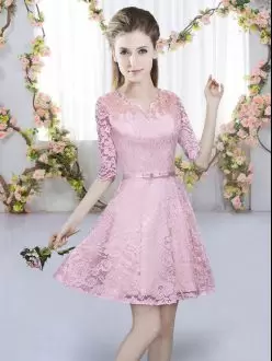 Lace V-neck Half Sleeves Zipper Belt Bridesmaid Dress in Pink