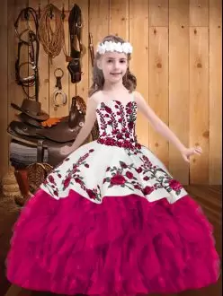 Glorious Floor Length Fuchsia Pageant Dresses Organza Sleeveless Embroidery