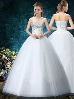 Spectacular Sweetheart Sleeveless Tulle Wedding Dress Beading and Embroidery Lace Up