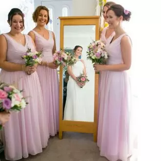 Fancy Floor Length Bridesmaid Dresses Pink for Party and Wedding Party with Ruching