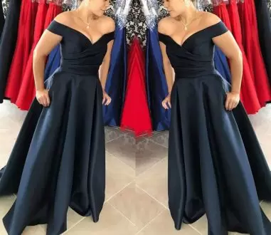Blue and Navy Blue Empire Sweetheart Short Sleeves Satin Floor Length Sweep Train Lace Up Ruching Bridesmaid Dresses