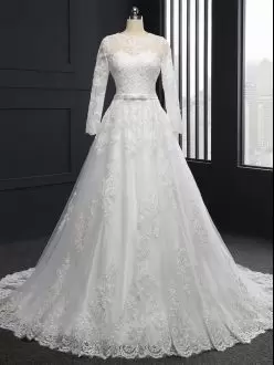 Beauteous White Scoop Neckline Lace Wedding Dress Long Sleeves Lace Up