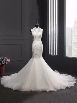 Sleeveless High-neck Court Train Lace and Appliques Zipper Wedding Dresses