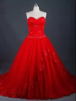 Red Sleeveless Brush Train Appliques Wedding Dresses