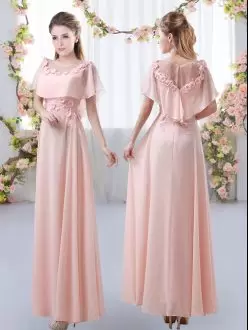 Chiffon Scoop Short Sleeves Zipper Appliques Bridesmaid Gown in Pink