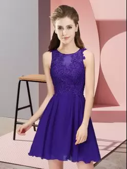 Purple Empire Chiffon Scoop Sleeveless Appliques Mini Length Zipper Bridesmaid Dress