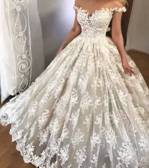 Sophisticated Champagne Ball Gowns Tulle Off The Shoulder Sleeveless Appliques Lace Up Wedding Gowns Sweep Train