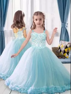 Sleeveless Organza Floor Length Sweep Train Lace Up Pageant Dress for Teens in Blue with Beading