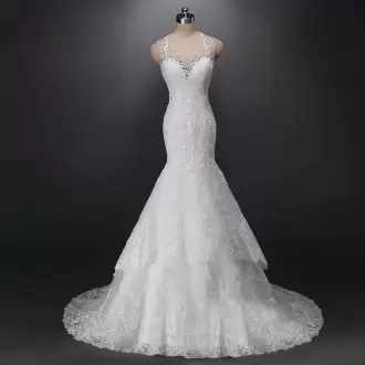 White Sleeveless Lace and Appliques Wedding Dresses Spaghetti Straps