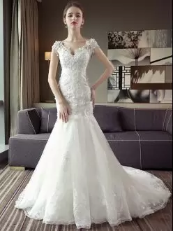 Artistic V-neck Cap Sleeves Court Train Lace Up Wedding Dress White Tulle Lace