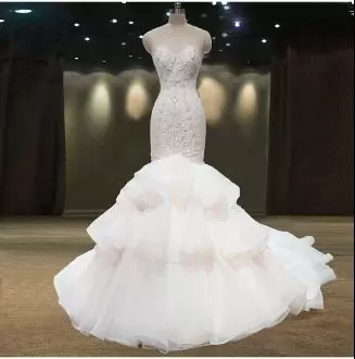 White Organza Lace Up Wedding Dresses Sleeveless Court Train Beading