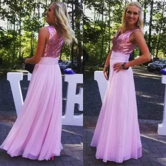 Custom Designed Pink and Lavender Empire V-neck Sleeveless Chiffon and Sequined Floor Length Zipper Sequins Bridesmaid Gown