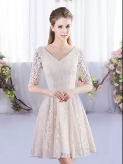Flare V-neck Half Sleeves Lace Up Bridesmaid Dress Champagne Lace
