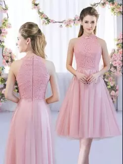 Pink High-neck Lace Halter Wedding Party Dress Short Tulle Bridesmaid Dress