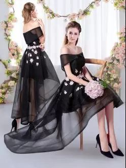 Great High Low A-line Short Sleeves Black Bridesmaid Dress