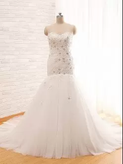 White Tulle Lace Up Wedding Gown Sleeveless Brush Train Beading and Appliques