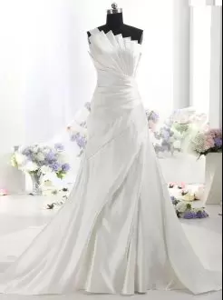Affordable Unique White One Shoulder Satin Wedding Dress with Train without Lace
