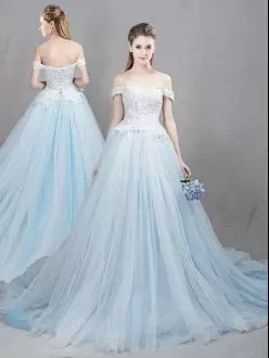 Light Blue Tulle Lace Up Off The Shoulder Sleeveless With Train Wedding Dresses Chapel Train Appliques