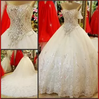 Stylish Beading and Appliques and Sequins Wedding Gown White Lace Up Sleeveless With Train Cathedral Train