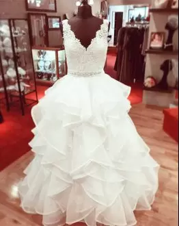 White Sleeveless Beading and Lace and Ruffles Floor Length Red Carpet Prom Dress