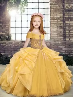 Sleeveless Off The Shoulder Lace Up Floor Length Beading and Ruffles Little Girls Pageant Dress Off The Shoulder