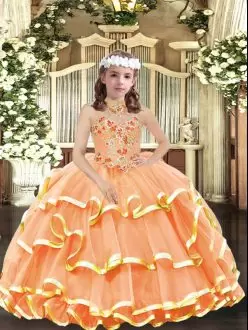 Halter Top Sleeveless Lace Up Kids Formal Wear Orange Organza Appliques and Ruffled Layers