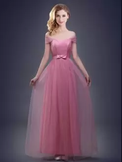 Artistic Pink Sleeveless Floor Length Ruching and Bowknot Lace Up Wedding Party Dress Off The Shoulder