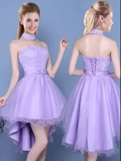 Discount Lavender Sleeveless Taffeta and Tulle Lace Up Bridesmaid Gown for Prom and Party