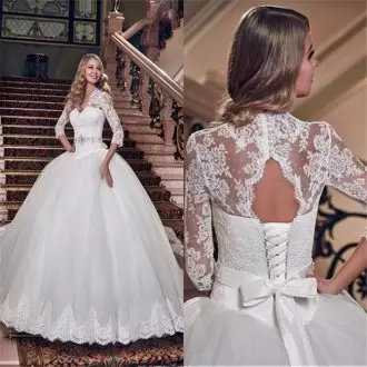 White Ball Gowns V-neck 3 4 Length Sleeve Tulle With Train Court Train Lace Up Lace and Appliques Wedding Gown