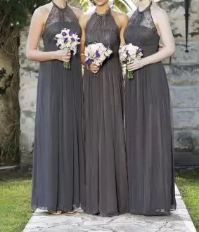Modest Grey Sleeveless Floor Length Lace and Ruching Bridesmaid Dress Halter Top