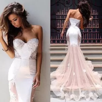 Pink And White Wedding Dress Tulle Brush Train Sleeveless Lace