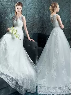 Tulle V-neck Sleeveless Brush Train Lace Up Lace and Appliques Wedding Dresses in White