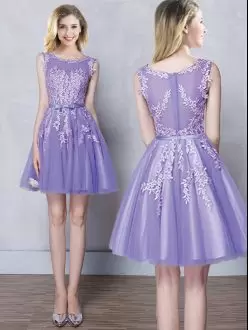 Dazzling Lavender Scoop Zipper Appliques and Belt Wedding Party Dress Sleeveless