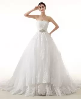 Free and Easy With Train White Wedding Dress Strapless Sleeveless Sweep Train Lace Up