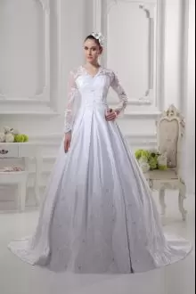 Flare White A-line Scalloped Long Sleeves Satin Court Train Zipper Lace Wedding Gowns