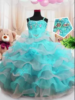 Trendy Floor Length Aqua Blue Little Girls Pageant Gowns Organza Sleeveless Beading and Ruffled Layers