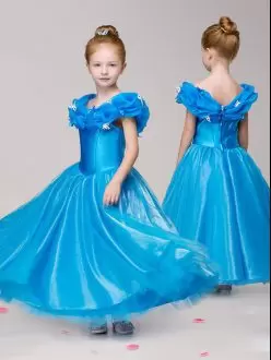 Blue Ball Gowns Appliques Kids Pageant Dress Zipper Tulle Cap Sleeves Ankle Length