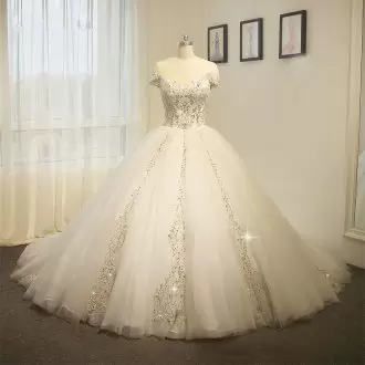 New Style White Ball Gowns Off The Shoulder Sleeveless Tulle Floor Length Court Train Lace Up Beading and Appliques Wedding Gowns