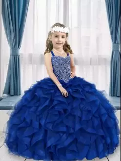 Latest Straps Sleeveless Tulle Little Girls Pageant Gowns Beading and Ruffles Lace Up