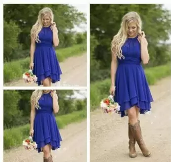 Sleeveless Chiffon Knee Length Lace Up Damas Dress in Royal Blue with Beading and Lace