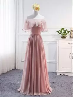 Pink Chiffon Lace Up Off The Shoulder Short Sleeves Floor Length Wedding Party Dress Pleated