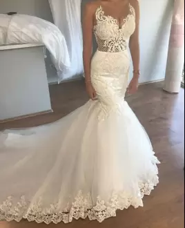 Perfect Lace and Appliques Wedding Dress White Lace Up Sleeveless Court Train