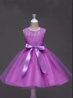 Perfect Scoop Sleeveless Kids Formal Wear Knee Length Lace and Belt Lilac Tulle