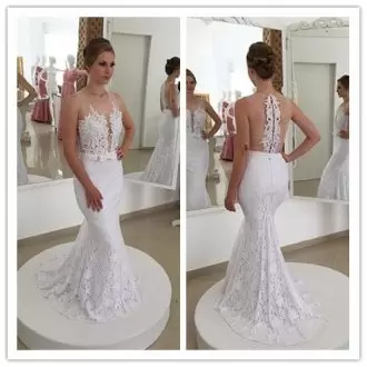 Attractive Brush Train Mermaid Bridal Gown White Scoop Lace Sleeveless Zipper