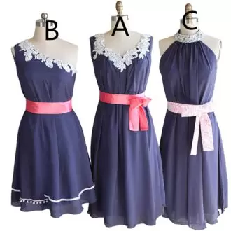 Navy Blue Sleeveless Appliques and Ruching and Belt Mini Length Bridesmaid Dresses