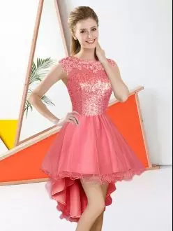 On Sale Watermelon Red A-line Beading and Lace Wedding Guest Dresses Backless Organza Sleeveless High Low