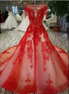 Red Cap Sleeves Beading and Appliques Lace Up Bridal Gown Scoop
