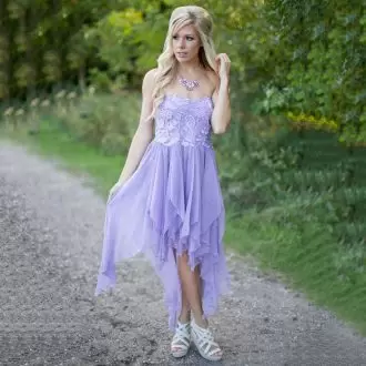 Sleeveless Chiffon and Lace High Low Zipper Bridesmaid Dress in Lilac with Lace